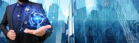 Businessman Holding His Blazer Giving Ideas Showing Wonderful Futuristic Technology. Employee...