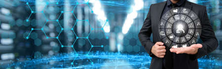 Picture Of Businessman Holding His Suit Giving Ideas Showing Amazing Futuristic Technology. Employee...