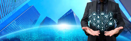 Picture Of Businessman Presenting With Both Open Hands Showing Amazing Futuristic Technology....