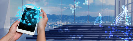 Picture Of Both Hands Holding Cellular Phone Lightly Presenting Wonderful Futuristic Technology. Image Pair Palm Using Digital Telephone Showing Amazing Modern Automation.の写真素材