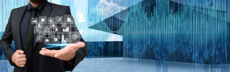 Businessman Holding His Blazer Giving Ideas Showing Wonderful Futuristic Technology. Employee Sharing Knowledge Performing New Amazing Modern Automation.の写真素材