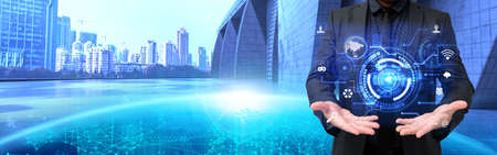 Picture Of Businessman Presenting With Both Open Hands Showing Amazing Futuristic Technology. Employee Discussing News Performing Wonderful Modern Automation.の写真素材