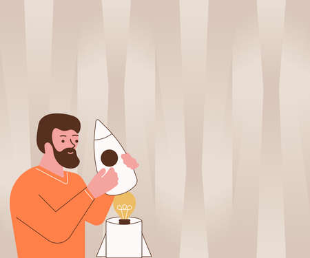 Illsutration Of Man Holding A Small Rocketship Discovered New Amazing Ideas Inside. Guy Drawing Handling Mini Spacecraft Find Out Old Wonderful Thoughts.のイラスト素材