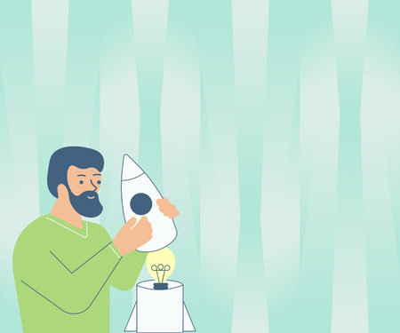 Illsutration Of Man Holding A Small Rocketship Discovered New Amazing Ideas Inside. Guy Drawing Handling Mini Spacecraft Find Out Old Wonderful Thoughts.のイラスト素材