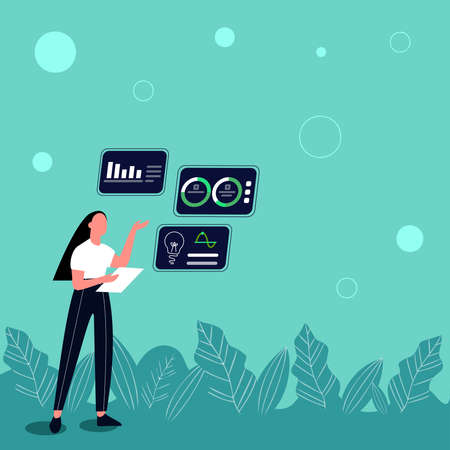 Illustration Of Girl Sharing New Wonderful Ideas For Skill Improvement Discussing Work Strategies. Lady Drawing Presenting Amazing Knowledge To Enhance Accomplishment.のイラスト素材