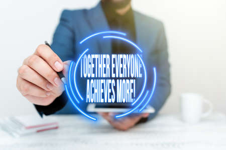 Text caption presenting Together Everyone Achieves More. Internet Concept Members create synergy...