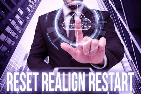 Writing displaying text Reset Realign Restart. Word for Life audit will help you put things in perspectives Hands Holding A Mobile Phone In Laboratory Showing Futuristic Technology.の写真素材