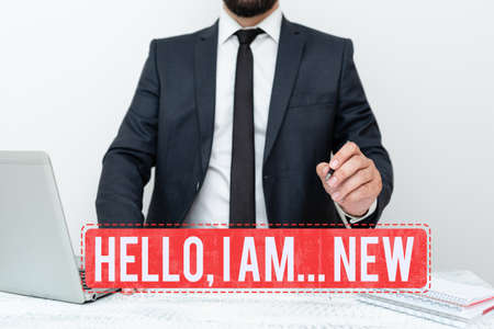 Handwriting text Hello I Am New. Business approach used greeting or begin telephone conversation Remote Office Work Online Presenting Communication Technologyの写真素材