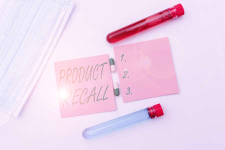 Sign displaying Product Recall. Word for Request by a company to return the product due to some...