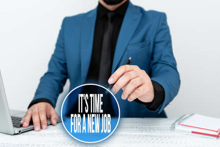 Handwriting text It S Time For A New Job. Internet Concept having paid position regular employment Remote Office Work Online Presenting Business Plans Designsの写真素材