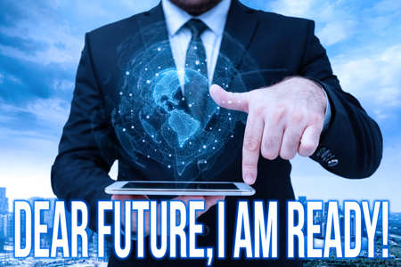 Handwriting text Dear Future I Am Ready. Concept meaning state action situation being fully prepared Laptop Resting On Lap Of Woman With Flat Legs Accomplishing Remote Job.の写真素材