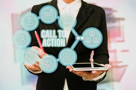 Sign displaying Call To Action. Business idea exhortation do something in order achieve aim with problem Lady In Uniform Holding Tablet In Hand Virtually Typing Futuristic Tech.の写真素材