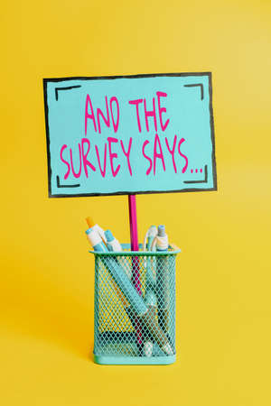 Conceptual display And The Survey Says. Business idea written spoken results of short quiz or exam on internet Colorful Idea Presentation Displaying Fresh Thoughts Sending Messageの写真素材