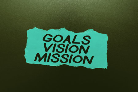 Sign displaying Goals Vision Mission. Word for practical planning process used to help community group Thinking New Bright Ideas Renewing Creativity And Inspirationの写真素材