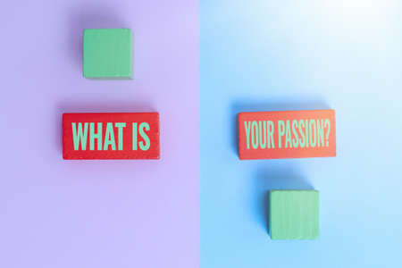 Writing displaying text What Is Your Passion Question. Concept meaning asking about his strong and barely controllable emotion Two Objects Arranged Facing Inward Outward On a Separated Colouredの写真素材