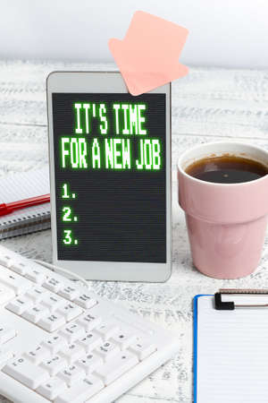 Hand writing sign It S Time For A New Job. Business concept having paid position regular employment Typing New Ideas Business Planning Idea Voice And Video Callsの写真素材