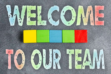 Conceptual display Welcome To Our Team. Business approach introducing another person to your team mates Stack of Sample Cube Rectangular Boxes On Surface Polished With Multi-Colourの写真素材