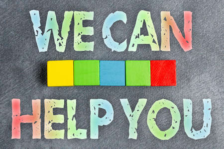 Handwriting text We Can Help You. Business overview offering good assistance to customers or friends Stack of Sample Cube Rectangular Boxes On Surface Polished With Multi-Colourの写真素材