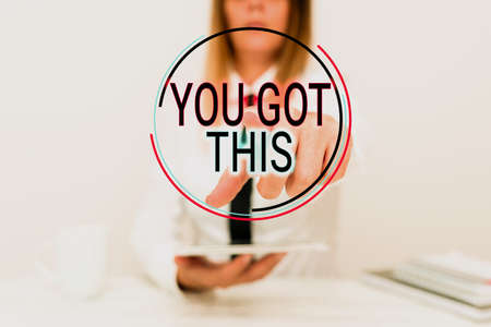 Conceptual caption You Got This. Business overview to encourage someone to succeed in dealing with something Developer Discussing Gadget Upgrade, Presenting Technical Specsの写真素材