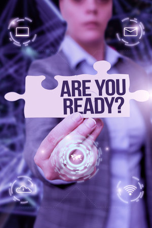 Conceptual caption Are You Ready Question. Conceptual photo used telling someone start something when feel prepared Business Woman Holding Jigsaw Puzzle Piece Unlocking New Futuristic Tech.の写真素材