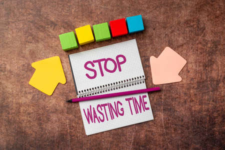 Text sign showing Stop Wasting Time. Word for advising person or group start planning and use it wisely Thinking New Bright Ideas Renewing Creativity And Inspirationの写真素材