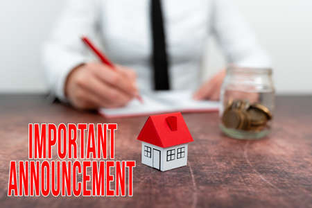 Text sign showing Important Announcement. Concept meaning spoken statement that tells showing about something New home installments and investments plans represeneted by ladyの写真素材