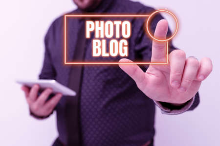 Conceptual caption Photo Blog. Business idea form of photo sharing and publishing in the format of a blog Presenting New Technology Ideas Discussing Technological Improvementの写真素材