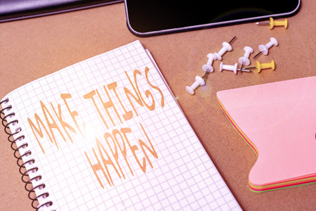 Handwriting text Make Things Happen. Conceptual photo you will have to make hard efforts in order to achieve it Multiple Assorted Collection Office Stationery Photo Placed Over Tableの写真素材