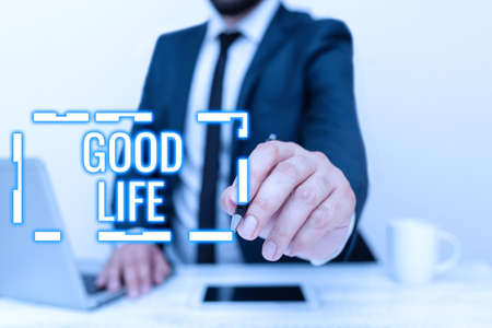 Handwriting text Good Life. Internet Concept living in comfort and luxury with few problems or worries Remote Office Work Online Smartphone Voice And Video Callingの写真素材