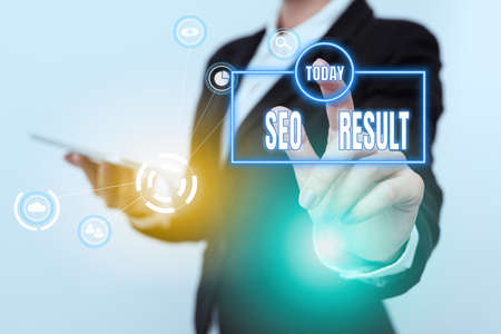 Text caption presenting Seo Result. Internet Concept the list created by search engines in response...