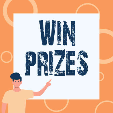Text caption presenting Win Prizes. Business showcase something given for victory in a contest or competition Gentleman Drawing Standing Pointing Finger In Blank Whiteboard.の写真素材