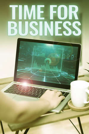 Text caption presenting Time For Business. Word Written on fulfil transactions within period promised to client Hand Resting On Laptop Top Of Table Beside Cup Working From Home.の写真素材