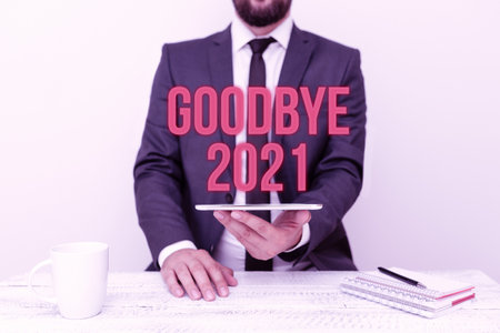 Handwriting text Goodbye 2021. Business concept express good wishes when parting or at the end of last year Presenting Communication Technology Smartphone Voice And Video Callingの写真素材