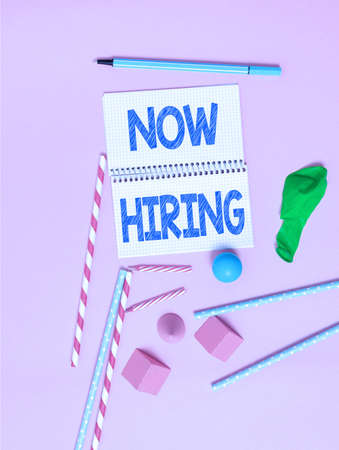 Inspiration showing sign Now Hiring. Business overview finding evaluating working relationship with future employees Colorful Party Invitation Designs Bright Celebration Planning Ideasの写真素材