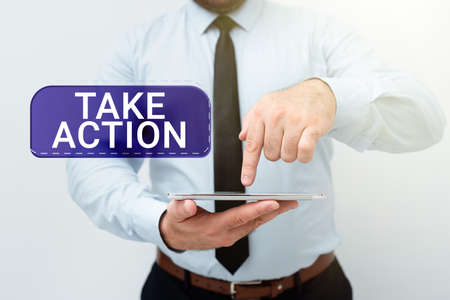 Text caption presenting Take Action. Business idea do something official or concerted to achieve aim with problem Presenting New Technology Ideas Discussing Technological Improvementの写真素材