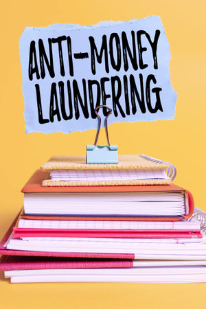 Text showing inspiration Anti Money Laundering. Business showcase regulations stop generating income through illegal actions Colorful Idea Presentation Displaying Fresh Thoughts Sending Messageの写真素材