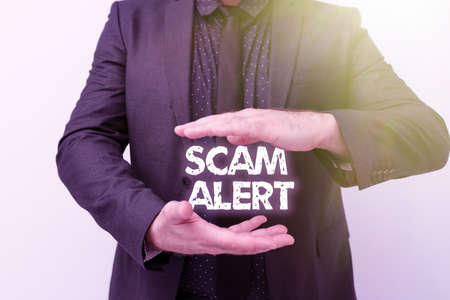 Inspiration showing sign Scam Alert. Word Written on fraudulently obtain money from victim by persuading him Presenting New Plans And Ideas Demonstrating Planning Processの写真素材