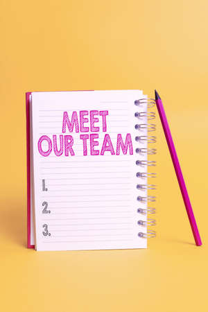 Text showing inspiration Meet Our Team. Word for introducing another person to your team mates in the company Colorful Idea Presentation Displaying Fresh Thoughts Sending Messageの写真素材