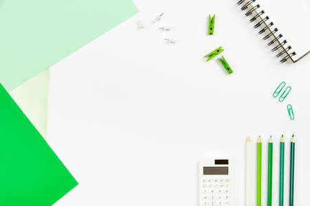 Multiple Assorted Collection Office Stationery Photo With Pens Pencils Notepads Notebook Ruler Stapler Scissors Clippers Paper Clips Holders Clipboard Placed Over Tableの写真素材