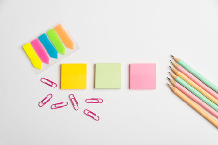 Flashy School Office Supplies, Bright Teaching Learning Collections, Creative Writing Tools, Educational Things, Mixed Student Stuff Pen Paper Notebook Sticky Notes Pencilの写真素材