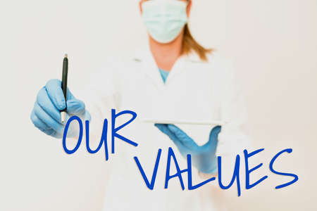 Text sign showing Our Values. Internet Concept things that you believe are important the way you live and work Demonstrating Medical Techology Presenting New Scientific Discoveryの写真素材