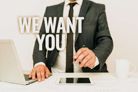Writing displaying text We Want You. Word for having a desire or would like a person to do something Remote Office Work Online Smartphone Voice And Video Callingの写真素材