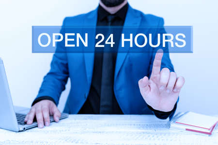 Handwriting text Open 24 Hours. Business approach available all day and all night without closing or stopping Remote Office Work Online Presenting Business Plans Designsの写真素材