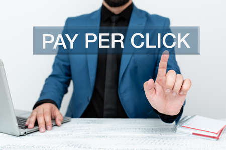 Text caption presenting Pay Per Click. Internet Concept internet marketing in which payment is based on clickthroughs Remote Office Work Online Presenting Business Plans Designsの写真素材