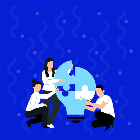 Group Of People Drawing Helping Each Other Building Large Light Bulb Jigsaw Puzzle Sharing New Amazing Ideas. Employee Drawing Working Together To Enhance New Skills.のイラスト素材