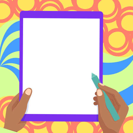Drawing Of Both Hands Holding Tablet Lightly Presenting Wonderful Ideas. Pair Palm Drawing Using Big Pad Showing Amazing Modern Automation.のイラスト素材