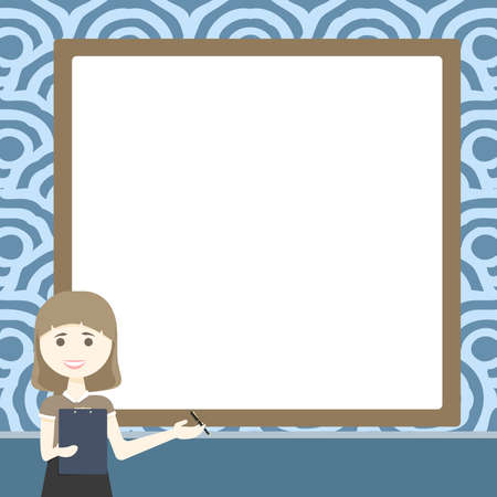 Lady Drawing Standing Holding Clipboard Presenting New Ideas To Team. Woman Design Stands Uses Board To Show New Technologies For Students.のイラスト素材