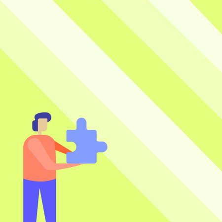 Business Man Holding Jigsaw Puzzle Piece Unlocking New Futuristic Technologies. Man Carrying Puzzles Part Displaying Solving Late Innovative Virtual Ideas.のイラスト素材