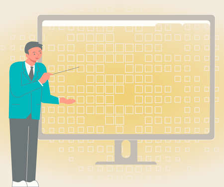 Illustration Of Businessman Standing Firmly Alone Presenting Charts And New Wonderful Ideas On Computer Screen. Employee Using Blazer By Himself Showing Old Amazing Thoughts.のイラスト素材
