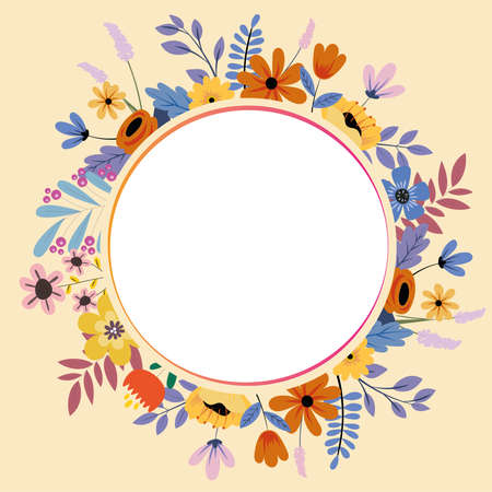 Text Frame Surrounded With Assorted Flowers Hearts And Leaves. Framework For Writing Ringed With Different Daisies, Hearts And Tree Leavesのイラスト素材